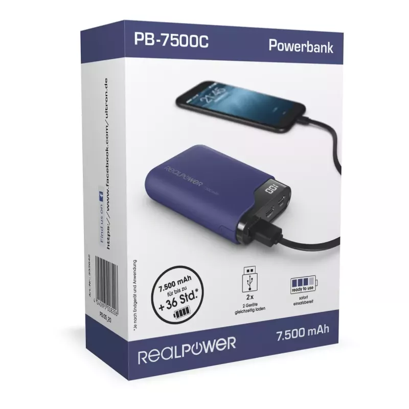 Nešiojamas įkroviklis RealPower PB-7500C 7500 mAh