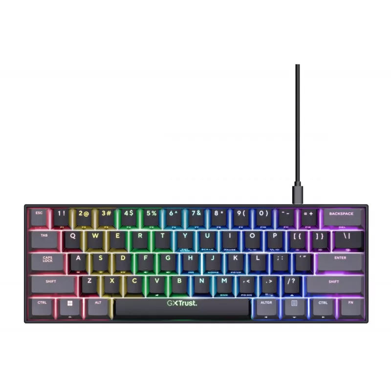 Trust GXT 867 Acira klaviatūra žaidimams USB QWERTZ vokiška juoda pilka 60% mechaninė RGB