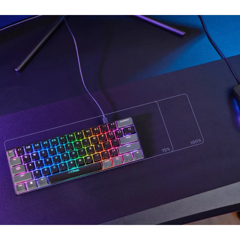 Trust GXT 867 Acira klaviatūra žaidimams USB QWERTZ vokiška juoda pilka 60% mechaninė RGB