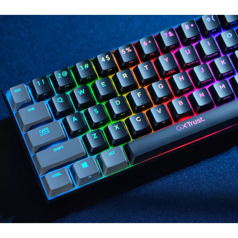 Trust GXT 867 Acira klaviatūra žaidimams USB QWERTZ vokiška juoda pilka 60% mechaninė RGB