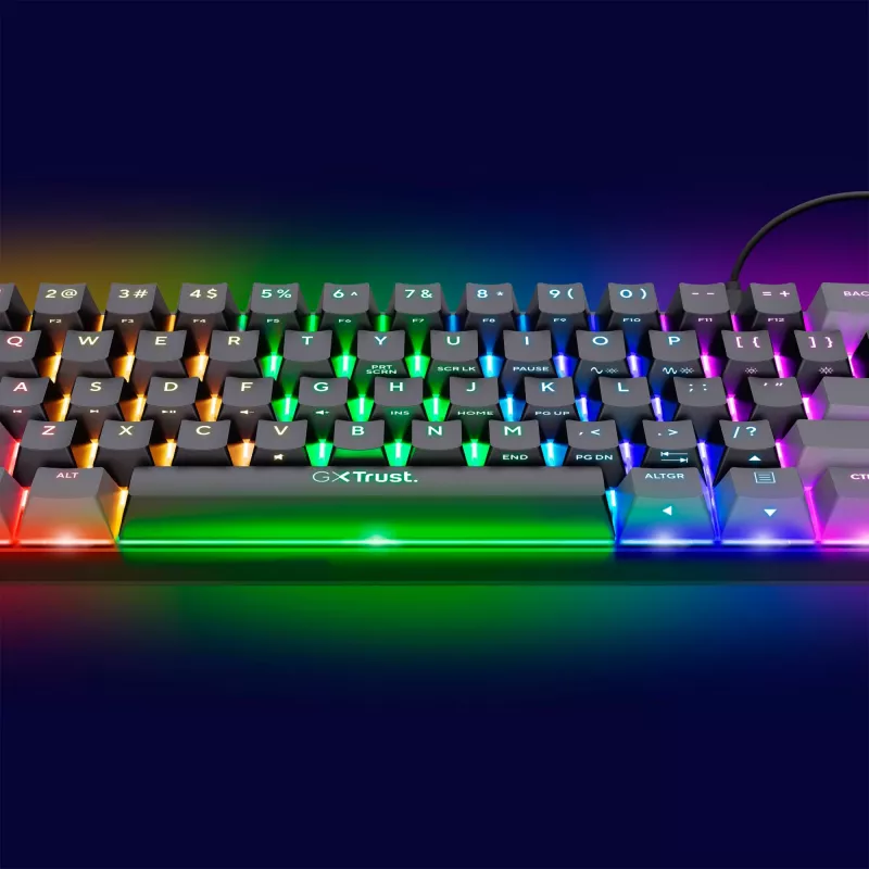Trust GXT 867 Acira klaviatūra žaidimams USB QWERTZ vokiška juoda pilka 60% mechaninė RGB