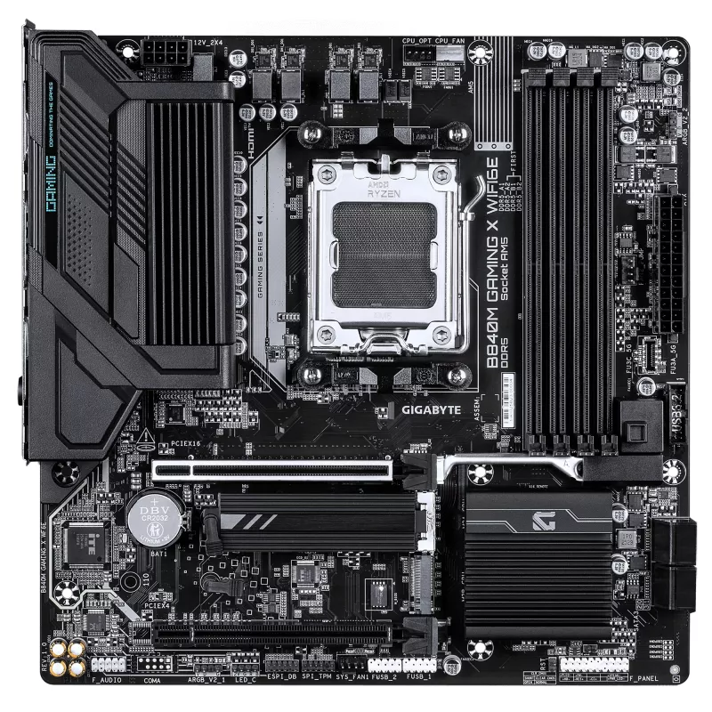 GIGABYTE B840M GAMING X WIFI6E pagrindinė plokštė – AMD Ryzen 9000, 8+2+2 fazių VRM, DDR5 iki 8200MHz, 2xPCIe 4.0 M.2, Wi-Fi 6E, 2.5GbE LAN