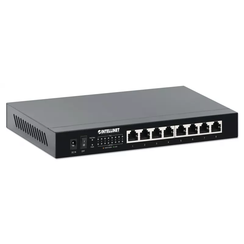 Intellinet 8 prievadų 2.5G Ethernet PoE+ jungiklis – aštuoni 10/100/1000/2500 Mbps PSE PoE+ prievadai, 100 W PoE galios biudžetas, nevaldomas, stalinis, galimas montavimas ant sienos