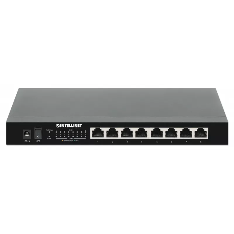 Intellinet 8 prievadų 2.5G Ethernet PoE+ jungiklis – aštuoni 10/100/1000/2500 Mbps PSE PoE+ prievadai, 100 W PoE galios biudžetas, nevaldomas, stalinis, galimas montavimas ant sienos