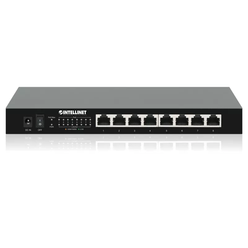 Intellinet 8 prievadų 2.5G Ethernet PoE+ jungiklis – aštuoni 10/100/1000/2500 Mbps PSE PoE+ prievadai, 100 W PoE galios biudžetas, nevaldomas, stalinis, galimas montavimas ant sienos
