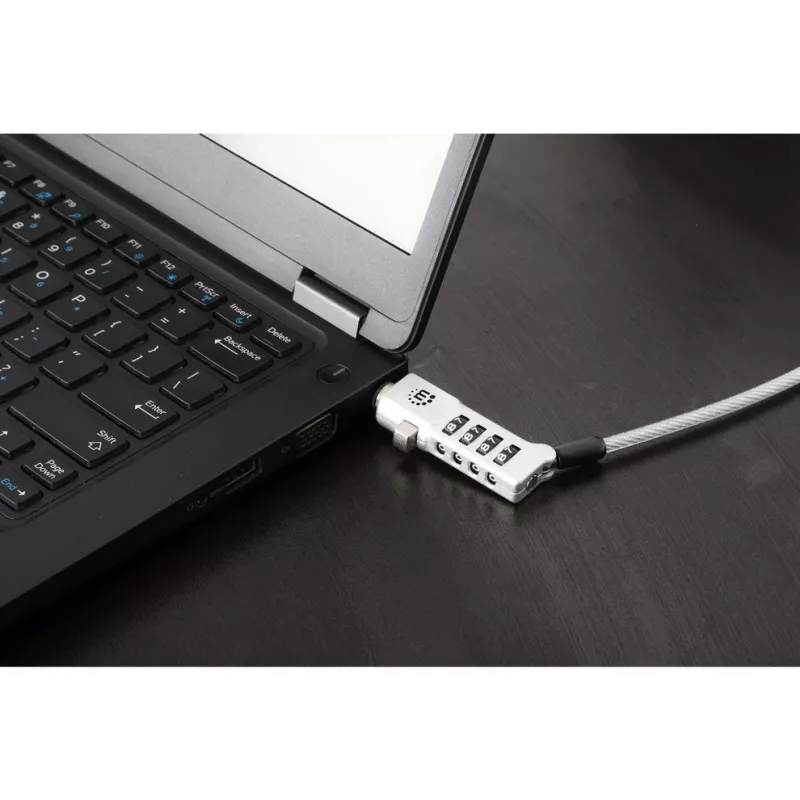 Manhattan Universal 3-in-1 nešiojamojo kompiuterio spyna su kodu, tinka Noble Wedge®, Nano ir K-Slot, 1,8 m plieninis kabelis, sidabrinė