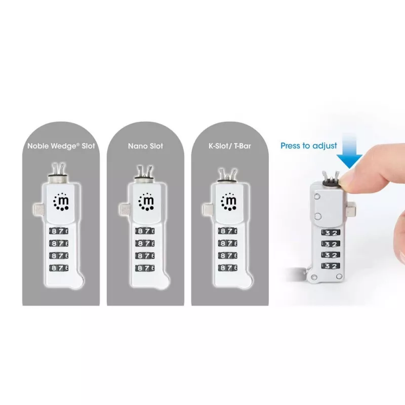 Manhattan Universal 3-in-1 nešiojamojo kompiuterio spyna su kodu, tinka Noble Wedge®, Nano ir K-Slot, 1,8 m plieninis kabelis, sidabrinė