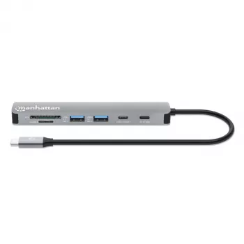 Manhattan USB-C dokų stotelė / centras su kortelių skaitytuvu, 5 prievadai: HDMI, USB-A (x2) ir USB-C (x2), su Power Delivery (PD) 100W – reikalingas išorinis USB-C įkroviklis (neįtrauktas). Maitinama per USB (nereikia išorinio maitinimo šaltinio), kai PD