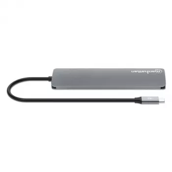 Manhattan USB-C dokų stotelė / centras su kortelių skaitytuvu, 5 prievadai: HDMI, USB-A (x2) ir USB-C (x2), su Power Delivery (PD) 100W – reikalingas išorinis USB-C įkroviklis (neįtrauktas). Maitinama per USB (nereikia išorinio maitinimo šaltinio), kai PD