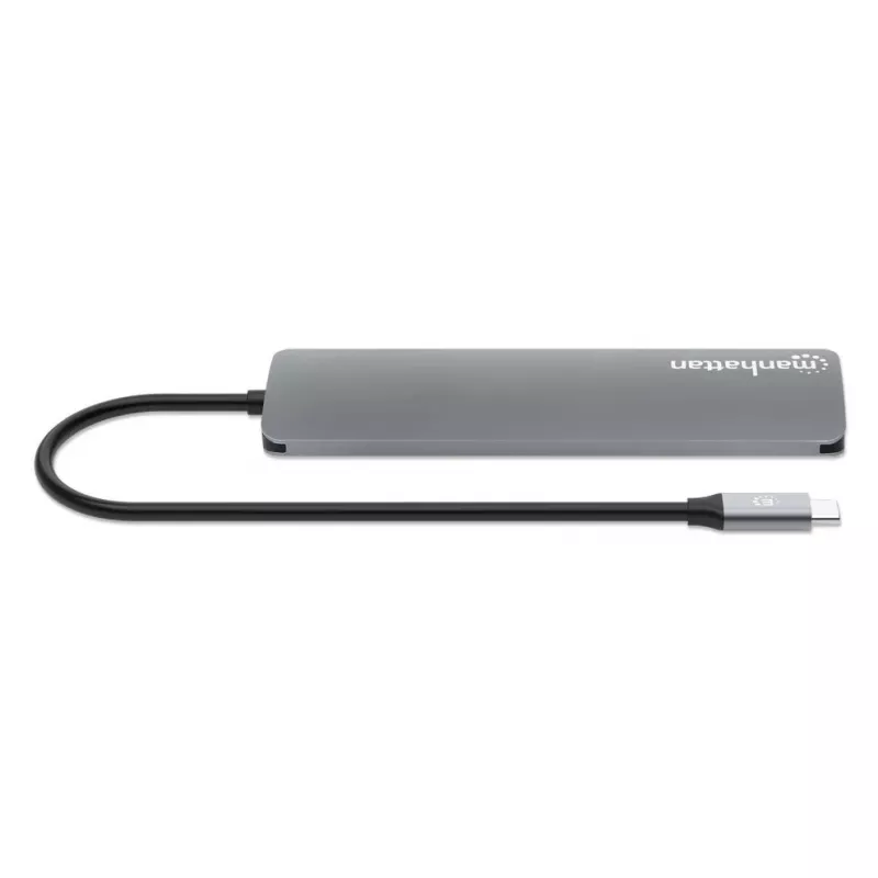 Manhattan USB-C dokų stotelė / centras su kortelių skaitytuvu, 5 prievadai: HDMI, USB-A (x2) ir USB-C (x2), su Power Delivery (PD) 100W – reikalingas išorinis USB-C įkroviklis (neįtrauktas). Maitinama per USB (nereikia išorinio maitinimo šaltinio), kai PD