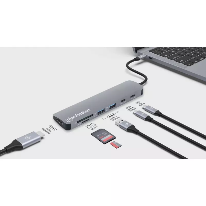 Manhattan USB-C dokų stotelė / centras su kortelių skaitytuvu, 5 prievadai: HDMI, USB-A (x2) ir USB-C (x2), su Power Delivery (PD) 100W – reikalingas išorinis USB-C įkroviklis (neįtrauktas). Maitinama per USB (nereikia išorinio maitinimo šaltinio), kai PD