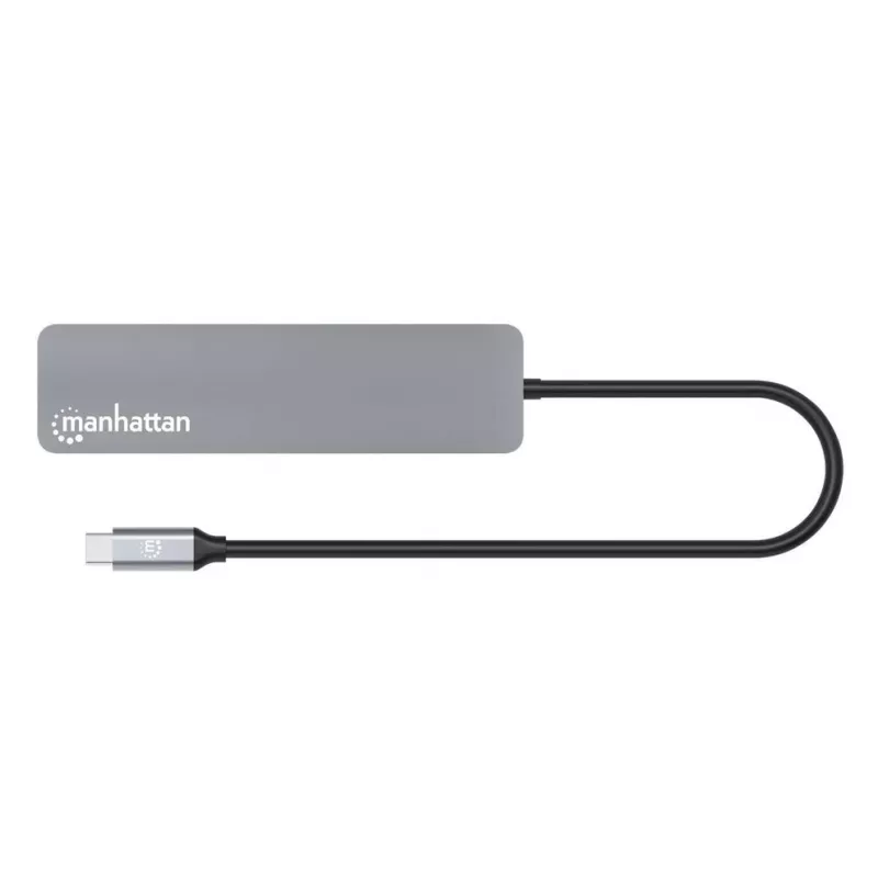 Manhattan USB-C dokų stotelė / centras su kortelių skaitytuvu, 5 prievadai: HDMI, USB-A (x2) ir USB-C (x2), su Power Delivery (PD) 100W – reikalingas išorinis USB-C įkroviklis (neįtrauktas). Maitinama per USB (nereikia išorinio maitinimo šaltinio), kai PD