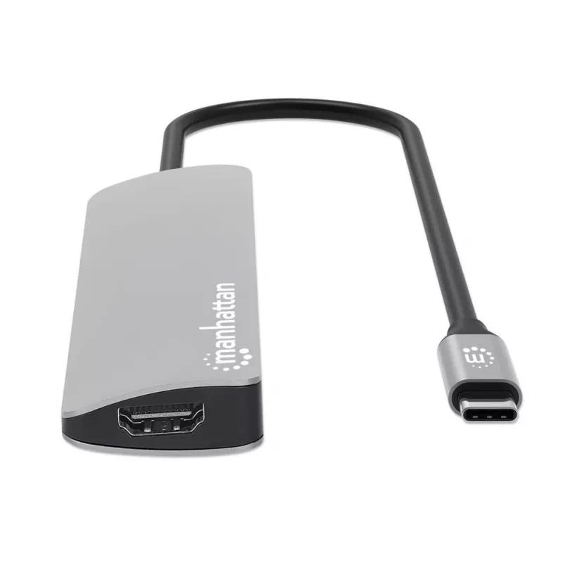 Manhattan USB-C dokų stotelė / centras su kortelių skaitytuvu, 5 prievadai: HDMI, USB-A (x2) ir USB-C (x2), su Power Delivery (PD) 100W – reikalingas išorinis USB-C įkroviklis (neįtrauktas). Maitinama per USB (nereikia išorinio maitinimo šaltinio), kai PD