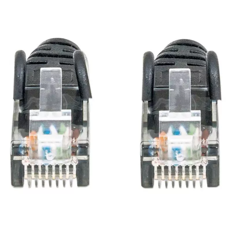 Intellinet tinklo jungiamasis kabelis, Cat6, 0,5 m, juodas, CCA, U/UTP, PVC, RJ45, paauksuoti kontaktai, su apsauga nuo užkliuvimo, su bateliais, viso gyvenimo garantija