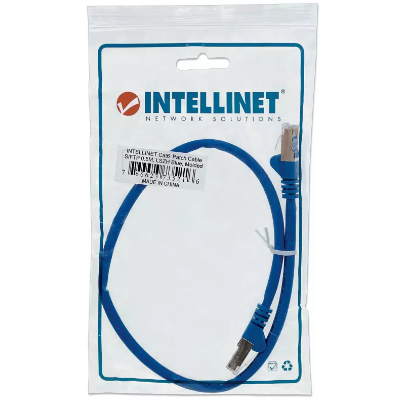 Intellinet Cat6 tinklo kabelis, 0,5 m, mėlynas, varinis, S/FTP, LSOH / LSZH, RJ45, paauksuoti kontaktai, be užkliuvimo, su gaubtuku, visą gyvenimą trunkanti garantija