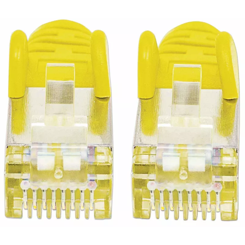 Intellinet tinklo jungiamasis kabelis, Cat7 kabelis / Cat6A kištukai, 10 m, geltonas, varinis, S/FTP, LSOH / LSZH, PVC, RJ45, auksuoti kontaktai, su apsauginiu gaubteliu, su įvore, viso gyvenimo garantija