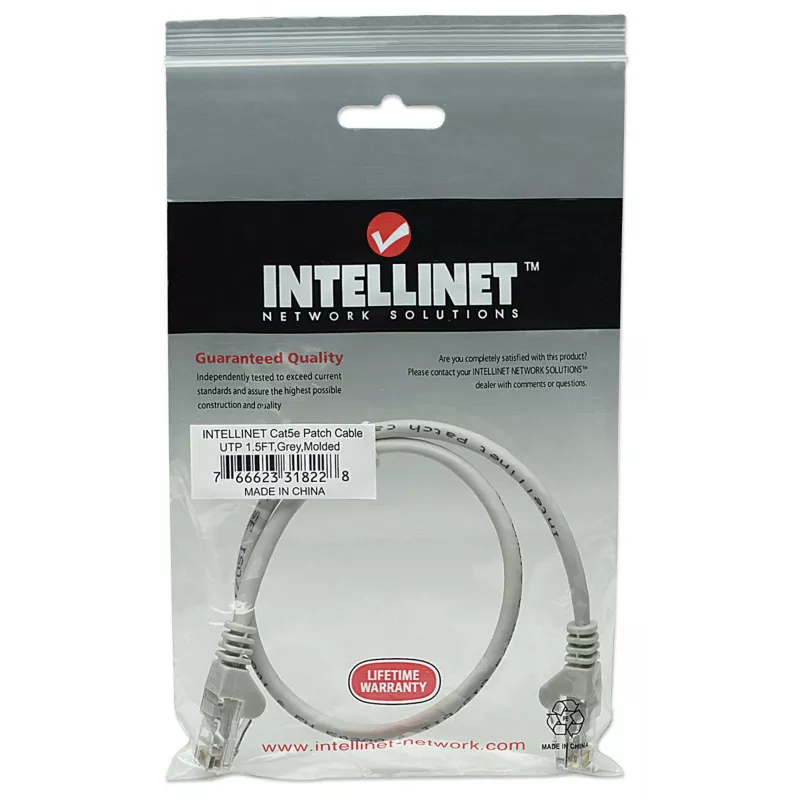 Intellinet tinklo jungiamasis kabelis, Cat5e, 0,5 m, pilkas, CCA, U/UTP, PVC, RJ45, paauksuoti kontaktai, be užkabinimo, su apsauginiu gaubteliu, viso gyvenimo garantija