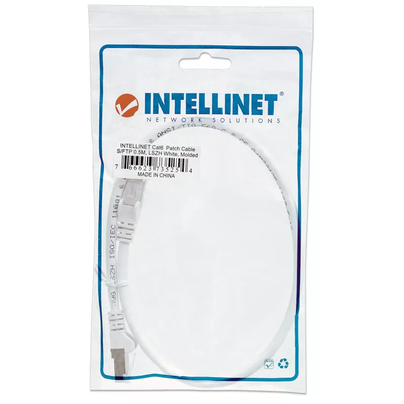 Intellinet tinklo jungiamasis kabelis Cat6, 0,5 m, baltas, varinis, S/FTP, LSOH/LSZH, RJ45, auksuoti kontaktai, su apsauga nuo užkliuvimo, su gaubteliais, visam gyvenimui