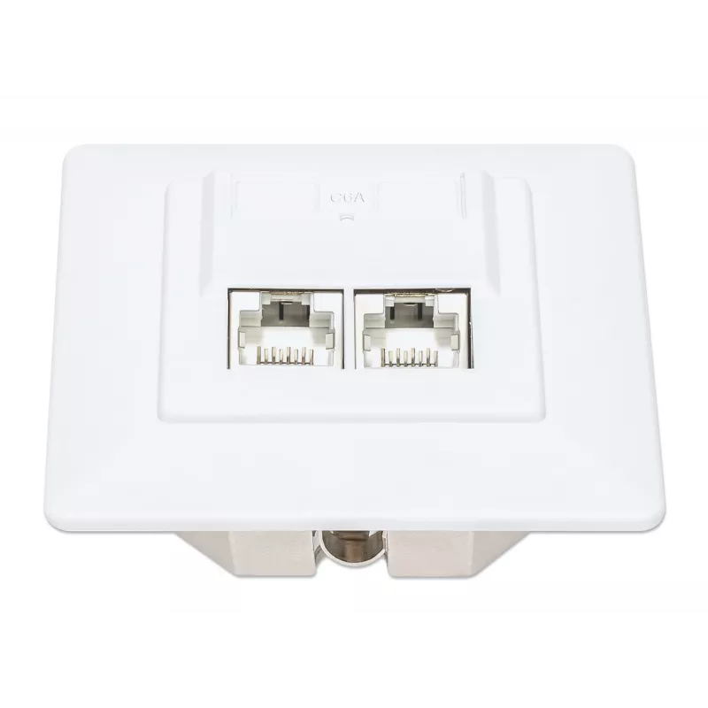 Intellinet 2 prievadų Cat6a 10G ekranuota RJ45 sieninė plokštė su dangteliu, STP, Signal White RAL9003