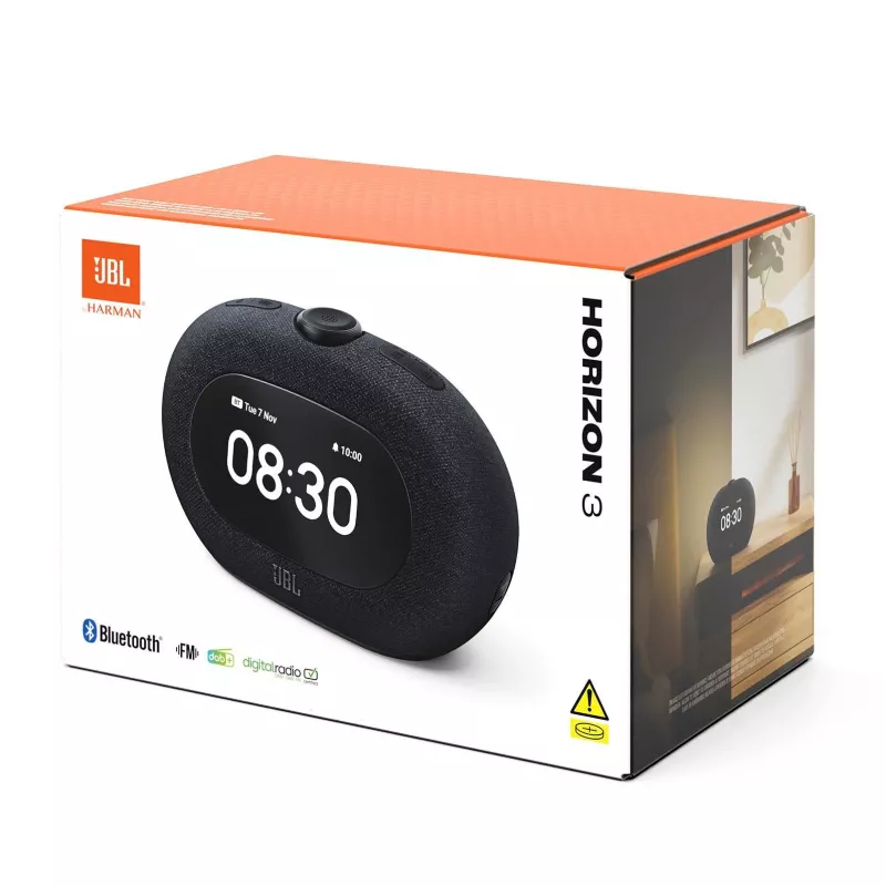 Laikrodinis radijo imtuvas JBL HORIZON 3 — DAB/DAB+/FM, 5W RMS, 65–20000 Hz, LCD ekranas, sukamas garsumo valdiklis, juoda spalva