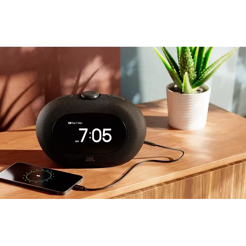 Laikrodinis radijo imtuvas JBL HORIZON 3 — DAB/DAB+/FM, 5W RMS, 65–20000 Hz, LCD ekranas, sukamas garsumo valdiklis, juoda spalva