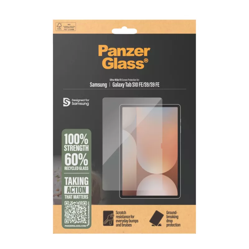 Apsauginis stiklas PanzerGlass Samsung Galaxy Tab S9 / S9 FE / S10 FE — grūdintas stiklas, PET, silikonas, permatomas, Ultra‑Wide Fit