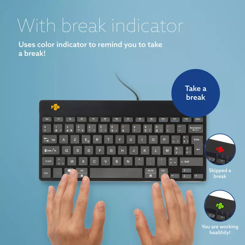 Ergonominė klaviatūra R-Go Compact Break, kompaktiška su pertraukų programine įranga, AZERTY (BE), laidinė, juoda