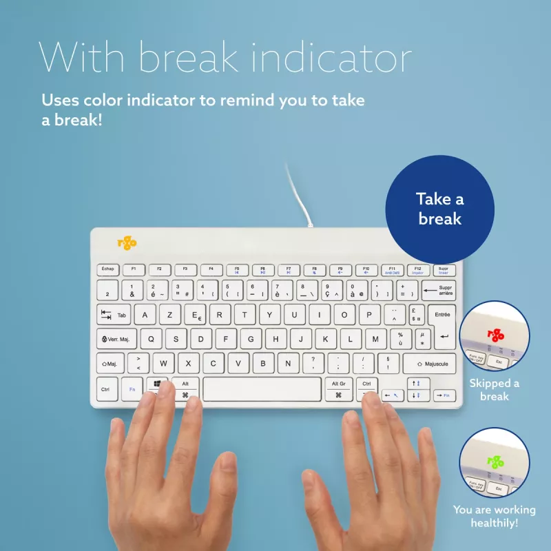 R-Go Tools ergonominė klaviatūra R-Go Compact Break, kompaktiška klaviatūra su pertraukų programine įranga, AZERTY (FR), laidinė, balta