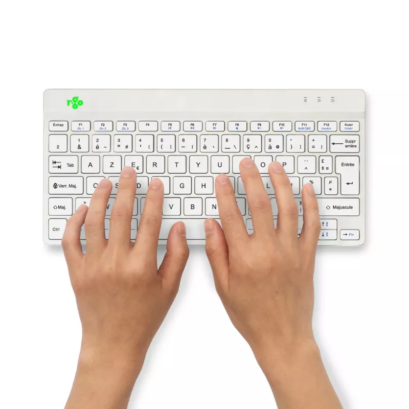 R-Go Tools ergonominė klaviatūra R-Go Compact Break, kompaktiška klaviatūra su pertraukų programine įranga, AZERTY (FR), Bluetooth, balta