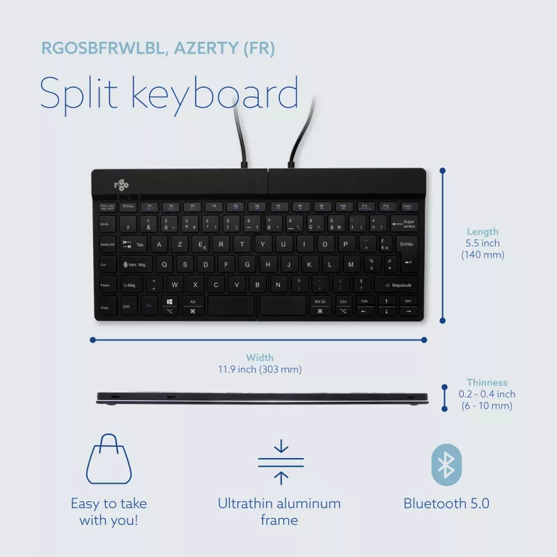 Ergonominė klaviatūra R-Go Split Break su pertraukų programine įranga, išskirta ergonomiška klaviatūra, AZERTY (FR), Bluetooth, juoda