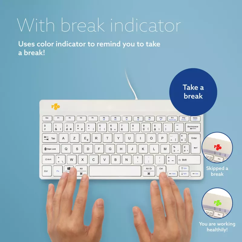 Ergonominė klaviatūra R-Go Tools Compact Break, kompaktiška su pertraukų programine įranga, AZERTY (BE), laidinė, balta
