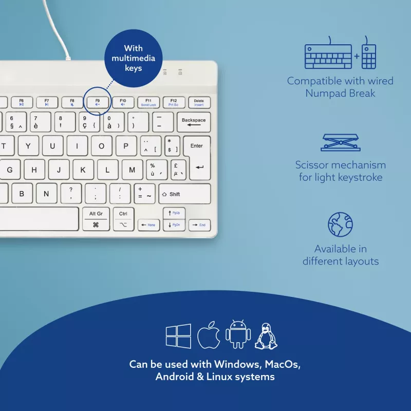 Ergonominė klaviatūra R-Go Tools Compact Break, kompaktiška su pertraukų programine įranga, AZERTY (BE), laidinė, balta