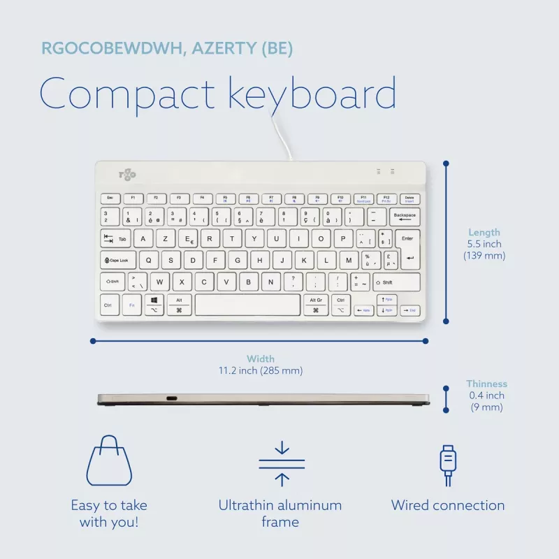 Ergonominė klaviatūra R-Go Tools Compact Break, kompaktiška su pertraukų programine įranga, AZERTY (BE), laidinė, balta
