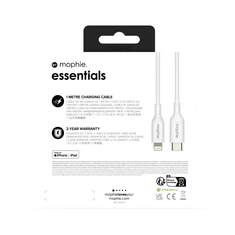 mophie essentials Lightning į USB-C krovimo laidas (1 m) baltas