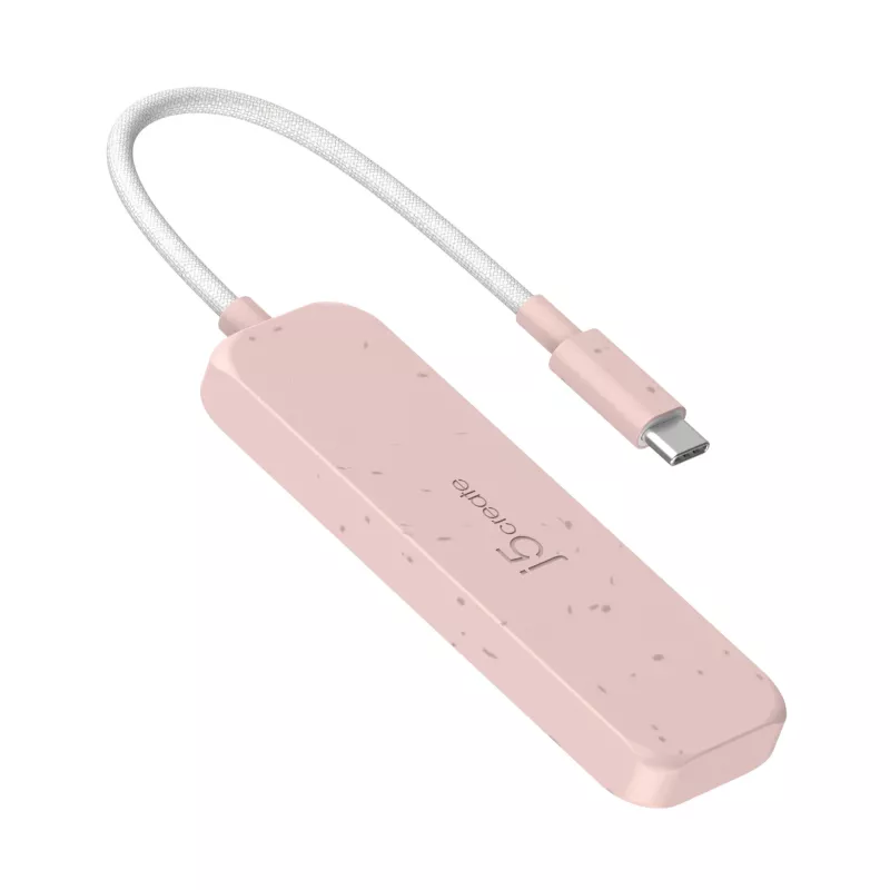 USB-C į 4 USB-A Gen 2 šakotuvas j5create — 10 Gbps, USB 3.2, rožinis, ABS perdirbtas plastikas, 100×27×19 mm