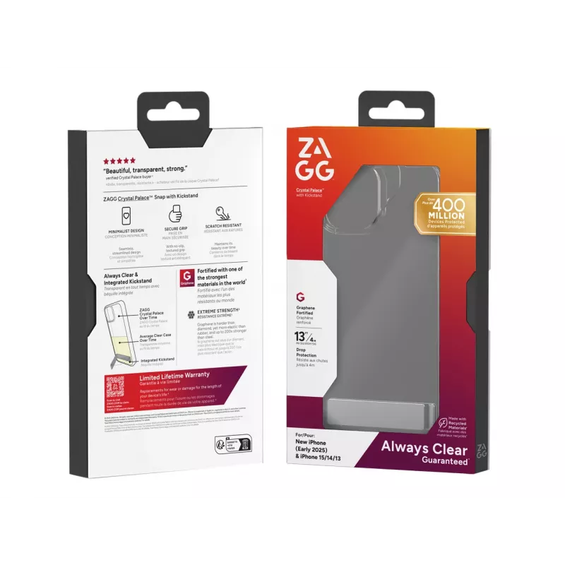 ZAGG Crystal Palace Kickstand Dėklas iPhone 16/15/14/13 Skaidrus, Cover, Apple, iPhone 17e/16e/15/14/13, 15,5 cm (6,1 inch), Peršviečiamas