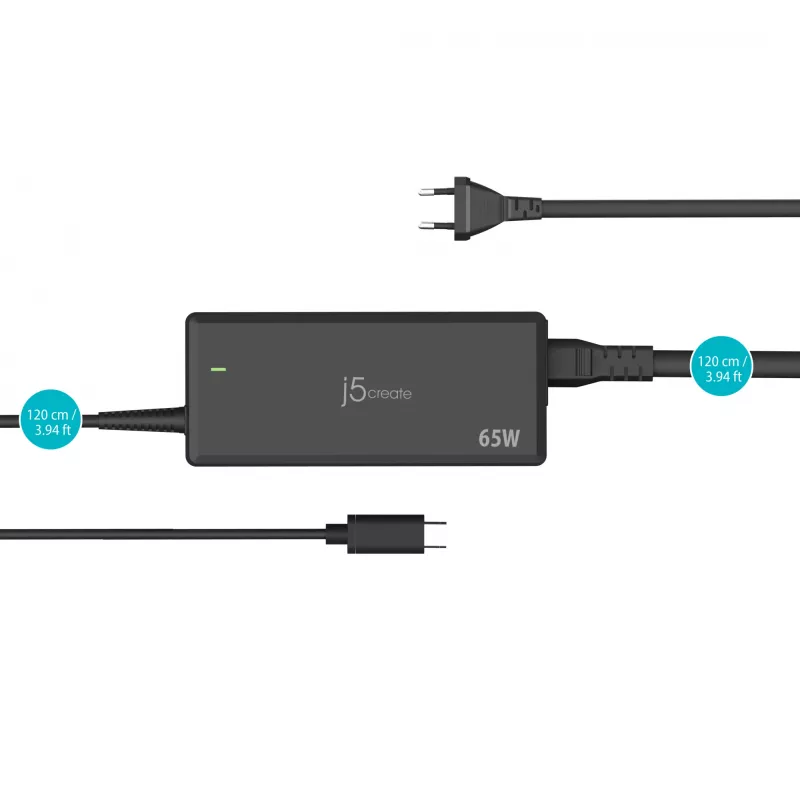 USB-C PD maitinimo adapteris j5create JUP1265 – 65 W, vidaus naudojimui, juodas, plastikinis, 118×32×50 mm (EU)
