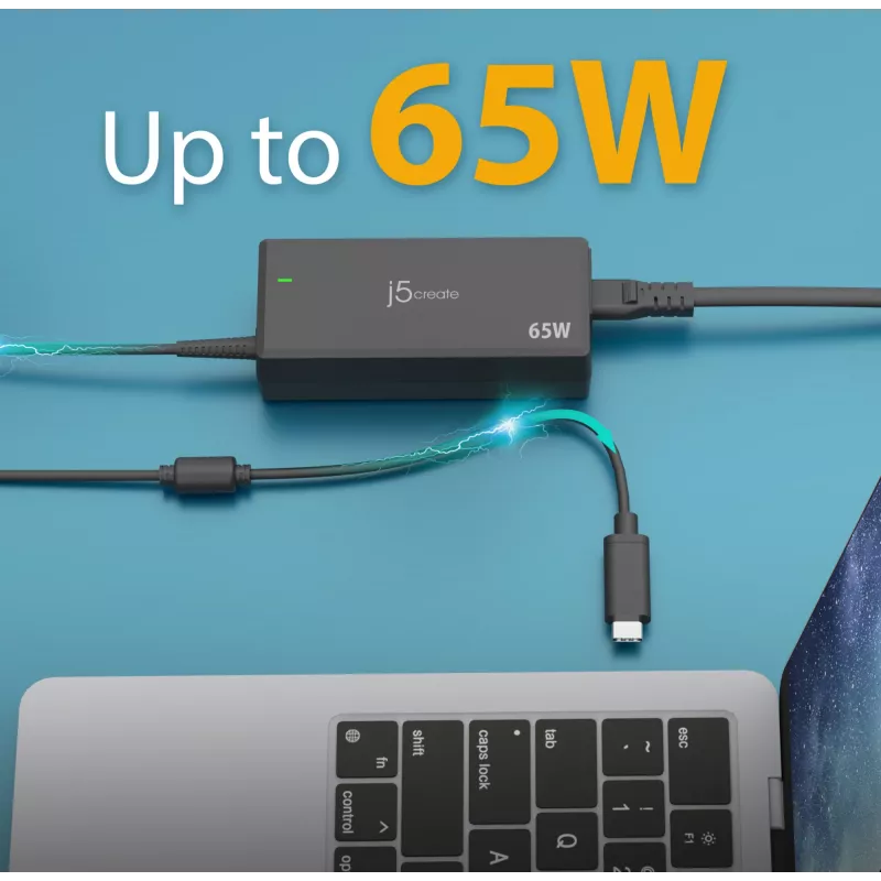 USB-C PD maitinimo adapteris j5create JUP1265 – 65 W, vidaus naudojimui, juodas, plastikinis, 118×32×50 mm (EU)