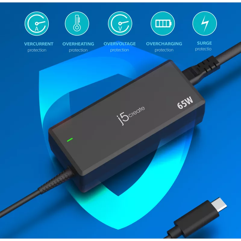 USB-C PD maitinimo adapteris j5create JUP1265 – 65 W, vidaus naudojimui, juodas, plastikinis, 118×32×50 mm (EU)