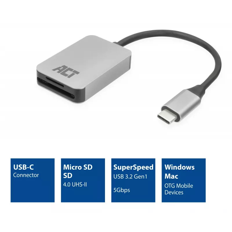 Kortelių skaitytuvas ACT AC7056 USB 3.2 Gen 1 Type-C pilka MicroSD SD