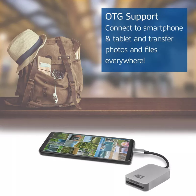 Kortelių skaitytuvas ACT AC7056 USB 3.2 Gen 1 Type-C pilka MicroSD SD