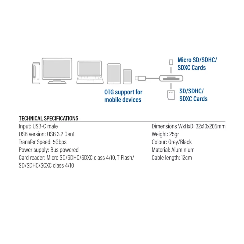 Kortelių skaitytuvas ACT AC7056 USB 3.2 Gen 1 Type-C pilka MicroSD SD