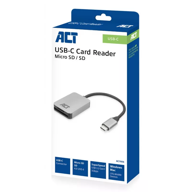 Kortelių skaitytuvas ACT AC7056 USB 3.2 Gen 1 Type-C pilka MicroSD SD