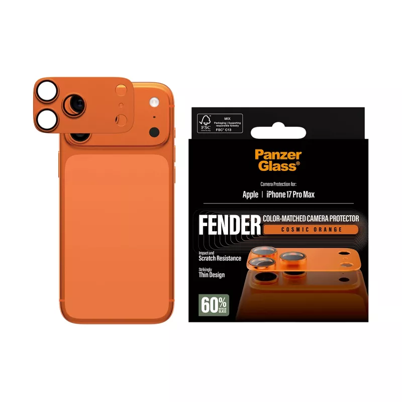 PanzerGlass Fender apsauga kamerai, iPhone 17 Pro Max, silikoninė, Cosmic Orange, atspari įbrėžimams ir smūgiams