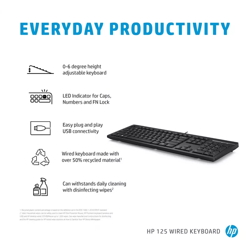 HP 125 laidinė klaviatūra, pilno dydžio, USB, membraninė, QWERTY, juoda