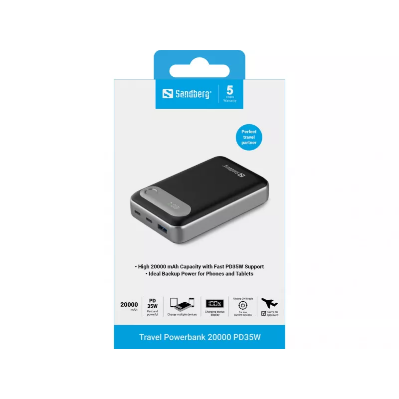 Sandberg Travel Powerbank 20000 PD35W, 20000 mAh, LiPo, 3.7 V, juoda, sidabrinė