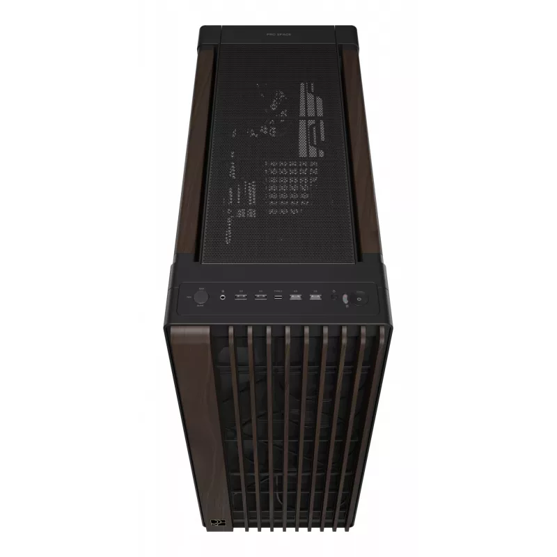 PC korpusas ASUS ProArt PA602 Wood Edition Midi Tower – juodas su medžiu, tinka ATX/EATX, 2x200 mm priekyje, 1x140 mm gale