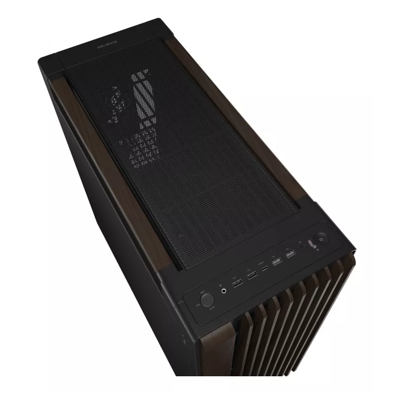 PC korpusas ASUS ProArt PA602 Wood Edition Midi Tower – juodas su medžiu, tinka ATX/EATX, 2x200 mm priekyje, 1x140 mm gale