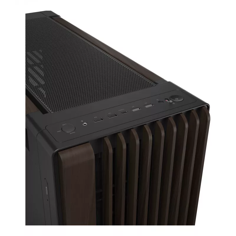 PC korpusas ASUS ProArt PA602 Wood Edition Midi Tower – juodas su medžiu, tinka ATX/EATX, 2x200 mm priekyje, 1x140 mm gale