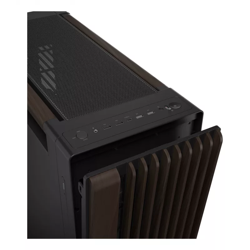 PC korpusas ASUS ProArt PA602 Wood Edition Midi Tower – juodas su medžiu, tinka ATX/EATX, 2x200 mm priekyje, 1x140 mm gale